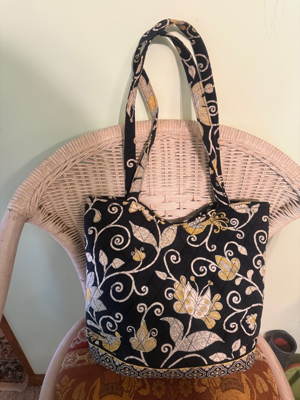 Vera Bradley Black Quilted Tote with Yellow and Cream Floral Pattern